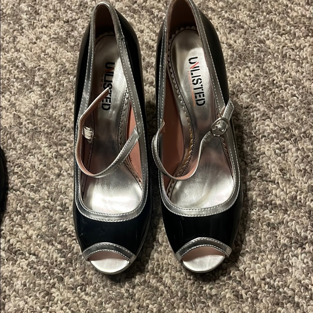 Unlisted Black and Silver Classic Peep-Toe Heels